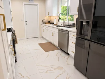 Kitchen with white cabinets, a dishwasher and a window over the sink