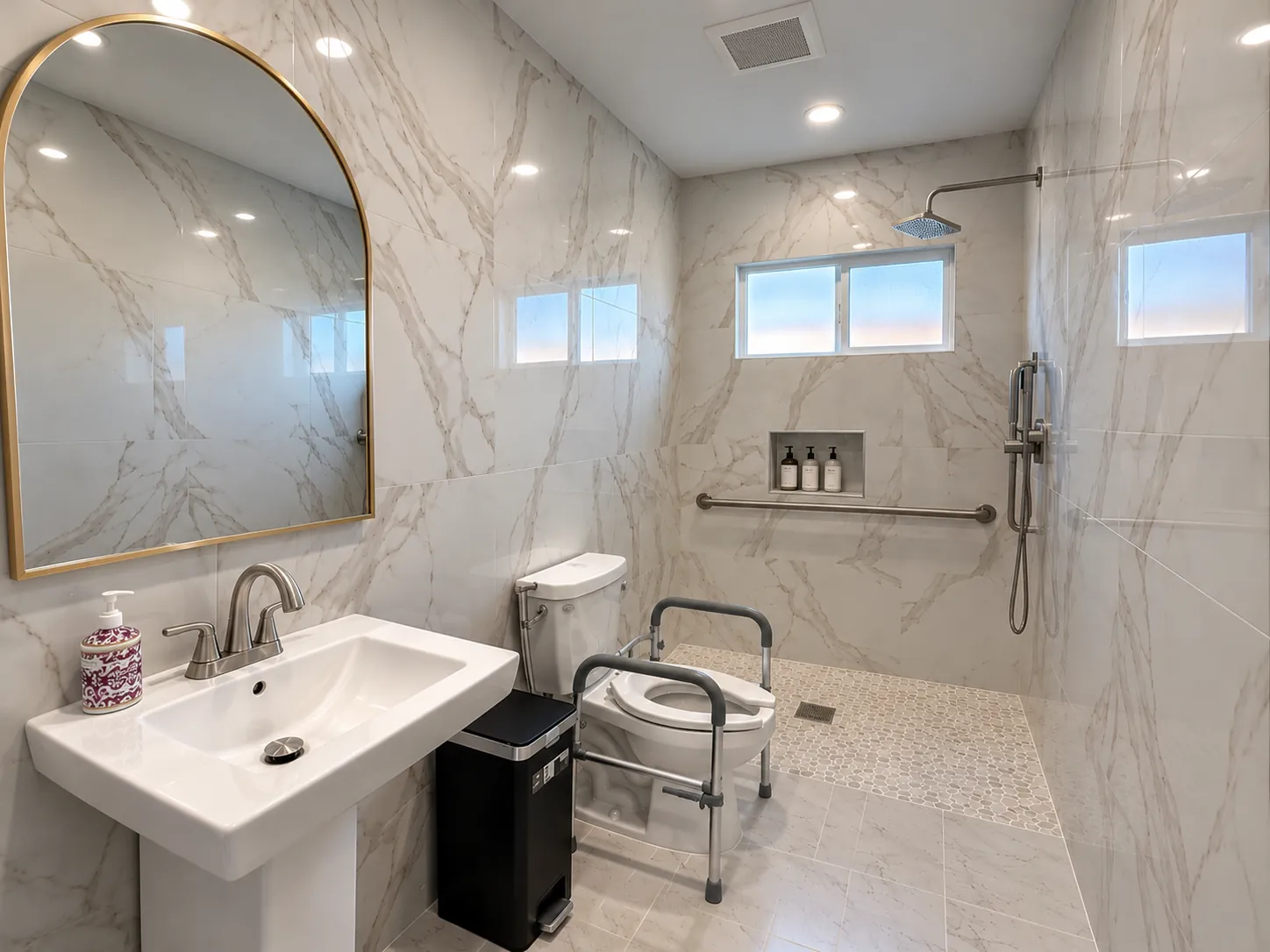 Accessible bathroom with a roll-in shower, grab bars and a toilet safety frame