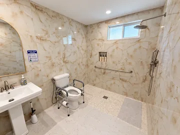 Marble-look bathroom with a roll-in shower, grab bar and toilet safety frame