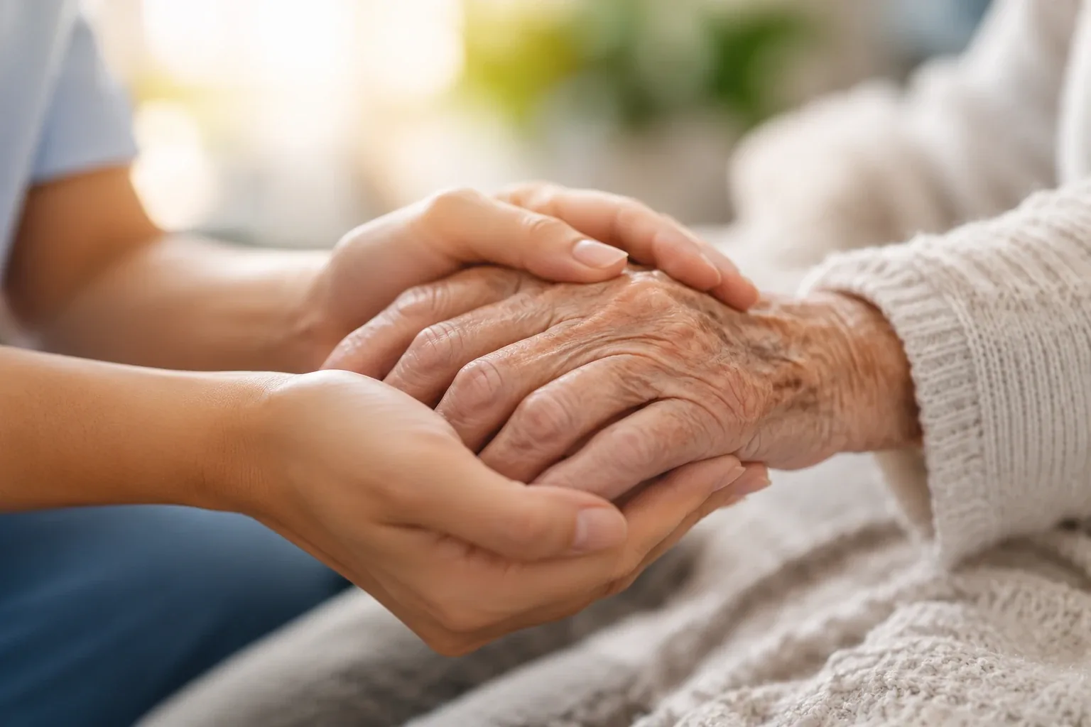 A caregiver gently holding an older woman&rsquo;s hands
